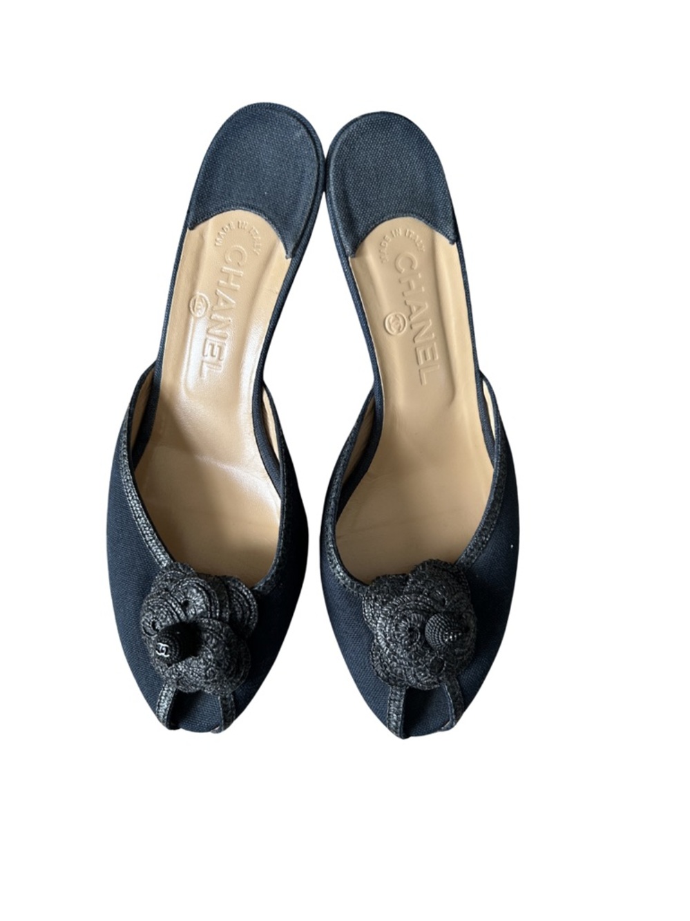 CHANEL Navy Blue Camellia Open-Back Mules